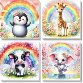 4 Pack Animals Paint by Number for Kids with Wooden Frame-Paint by Numbers for Kids Animal Ages 4-8-12,Easy Elephant Cow Penguin Giraffe DIY Acrylic Oil Painting Kits for Home Wall Decor(8X8inch)