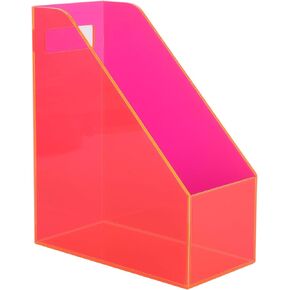 Acrylic Magazine Rack Desk File Holder Organizer for Office Desktop Vertical Magazine Storage Box, 12 x 10 x 5'', Neon Pink