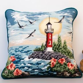 Beach View Lighthouse Latch Hook Kits Pillow Cover DIY Rug Crochet Hook Cushion Making Kits with Preprinted Pattern Canvas Rug Making Christmas Decoration DIY Crochet Kits 43x43cm(72)