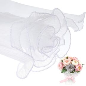Sibba 4 Yard White Flower Wrapping Mesh Paper Pearl Lace Mesh Waterproof Floral Bouquet Wrap Paper with Ribbon Pearl Edge Bouquet Packaging Paper Wrinkled Translucent Florist Supplies for DIY Craft