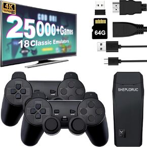 Wireless Retro Handheld Game Console, Game Console Stick Built-in 20000+ Plug-and-Play Video Games, Equipped with 18 Simulators, 4K HDMI Output and Dual 2.4G Controller（64GB Memory Card）