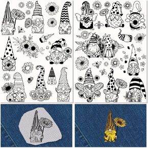 CRASPIRE 38Pcs Gnome Sunflower Water Soluble Embroidery Stabilizers Patterns Dwarf Spring Hand Sewing Stick and Stitch A4 Transfers Fabric Wash Away Pre-Printed Self Adhesive for Cloth Sewing Lovers