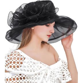 Z&X Women's Kentucky Derby Church Hat Organza Fascinator Wedding Tea Party Hat Wide Brim Sun Caps