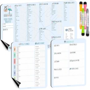 Baby First Food Tracker, Magnetic Meal Planner, Fridge Grocery Shopping List Chart (3 in 1) - Dry, Erase Menu Planner, Strong Stickiness on Refrigerator - 11.6"x8.2", Blue - Baby Led Weaning Supplies