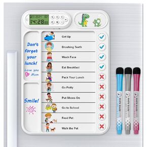 Magnetic Chore Chart for Kids with Alarm Clock, Dry Erase ADHD Task Tracker Easy-Check Routine Board to Do List Planning Tool with Stand, 3 Markers for Fridge/Desk/Home/School