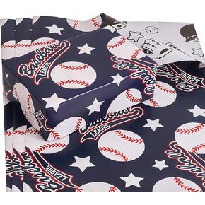 CAMKUZON Reversible Baseball Wrapping Paper for Birthday Celebration Party - 3 Large Sheets Cartoon Baseball Sports Themed Gift Wrap Paper - 27 Inch X 39.4 Inch Per Sheet