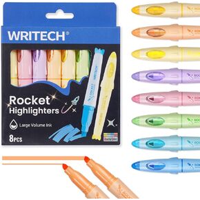 WRITECH Aesthetic Highlighters Chisel Tip: Assorted Colors Pastel Ink Rocket Highlighter Pen Set 8ct Children's Gift for Drawing Highlighting Journaling