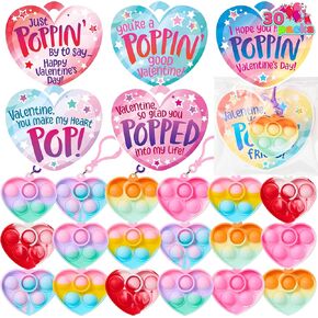 JOYIN 30 Packs Valentines Day 6 Design Gift Cards with Heart Pop Bubble Keychain, Mini Pop Squeeze Toys, Stress Relief Fidget Toys for Kids Valentine Party Favors and School Classroom Prize
