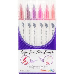 Pentel Arts Sign Pen Twin Brush, Pack of 6 Pens, Pink Hues (SESW30CPC6-4)