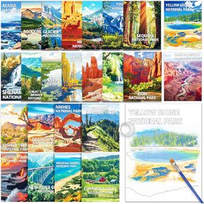 24 Pcs Dementia Products for Elderly Reusable Water Painting Toys National Park Dementia Activities for Adults Landscape Nature Water Coloring Set Scenery Mountain Scene Painting Brush Drawing Gifts