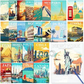 24 Pcs Dementia Products for Elderly Reusable Water Painting Toys World Travel Dementia Activities for Adults Landscape Senior Dementia Water Doodle Coloring Set Landmarks Painting Brush Drawing Gifts