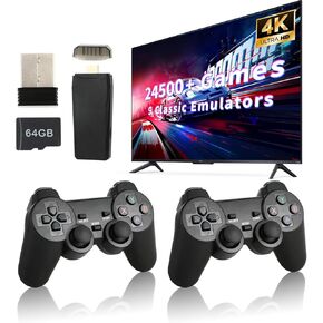 Retro Game Console, Wireless Retro Game Console, 24500+ Games Built-in, 4K HDMI Output, 9 Emulators, Dual 2.4GHz Wireless Game, Plug and Play Video Games, Deep Black(64G)