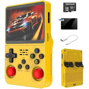 R36s Handheld Retro Gaming Console Linux System 64G TF Card, Support 15000+ Games, Portable Pocket Game Console 3.5-inch IPS Screen (yellow-128G)