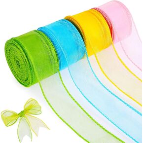 4 Rolls x 80 Yards Easter Sheer Organza Wired Ribbon, Chiffon Wired Ribbon for Wrapping Making Bows, Wreaths, Bouquet Wrapping, Decoration, DIY Crafts