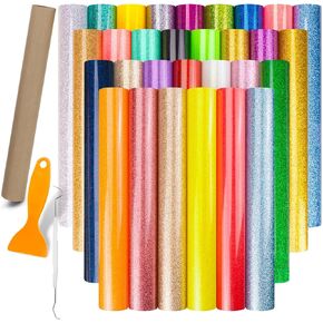 Lzerking Heat Transfer Vinyl 33 Sheets 30 Colors Glitter Htv Vinyl with 2 Weeding Tools, 1 Teflon Sheet for T-Shirt, Halloween, 12" x 12" Iron on Vinyl for Cricut, xTool M1 Cutting Machines