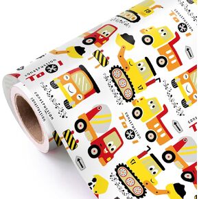 WRAPAHOLIC Construction Wrapping Paper Roll - Mini Roll - 17 Inch x 9.8 Feet - Yellow Digger Tractor Truck Design for Kids Boys Birthday, Baby Shower
