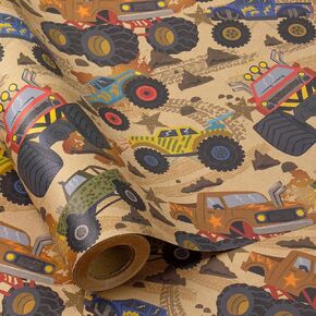 RUSPEPA Monster Truck Wrapping Paper for Boys Kids, Mini Roll, Gift Wrap with Monster Truck Patterns, Kraft Paper Great for Birthday Gifts, Themed Party and Holiday, 17 Inches x 16.4 Feet