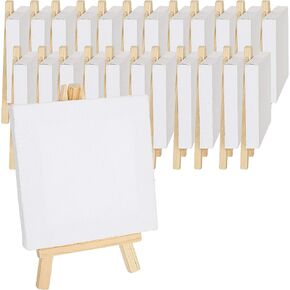CertBuy 24 Pack 4" x 4" Stretched Canvas with Easel, Mini Wood Display Easel Canvas Kit for Painting Party, Kids Crafts, Oil Acrylic Paints, Signs, Photos