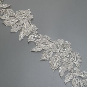 2yard Sequins Beaded Flower Embroidery lace Appliques for Wedding Dresses Rhinestone Applique Patches lace Trims parches ropa (Off White) (P3286A)……