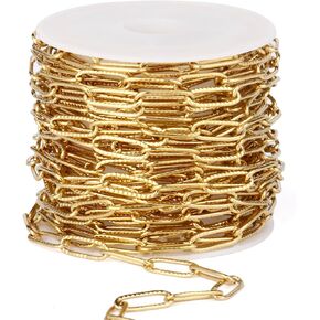 16.5FT 18K Gold Plated Paperclip Chains Roll, 4.3mm Gold Stainless Steel Textured Paperclip Link Chains Spool Bulk for Jewelry Making