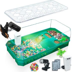Aquatic Turtle Tank Habitat Kit Stone+Filter+Heat Lamp Enhancing Interaction with 360° Viewing, Standalone Filtration, DIY Creative Zone, Enriched Living (Blue, Large[with Light]) in Saudi Arabia