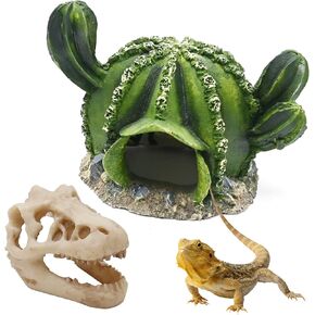 Reptile Tank Decor Reptile Hideouts Resin Ball Cactus Desert Decor with Dinosaur Skull Hideout for Bearded Dragon Chameleon Leopard Gecko Snake Fish