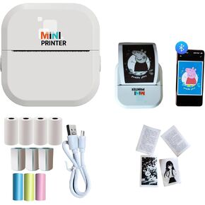 Mini Thermal Printer,Mini Printer Sticker Maker, Portable Mini Photo Lable Printer Machine inkless Pocket Bluetooth Printer for School Notes,Kids,Fun,DIY,Work (1 Printer + 10 roll Paper)