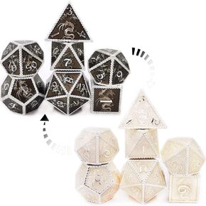 Haomeja DND Metal Dice Vine Set Dice 7 دور الأدوار Dice D&D Polyhedral Solid Dungeons و Dragons Dice (Silver Black)