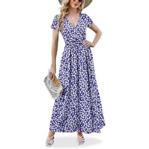 ANRILITA Maxi Dress for Women Wrap V Neck Short Sleeve Empire Pleated Waist Summer Casual Elegant Long Dress with Pockets