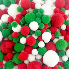 Jxpinet 1000 PCS 5 أحجام من 1 سم إلى 3 سم كرات بوم بومز غامض ، كرات متنوعة للفنون والزخارف صنع الحرف (سلسلة حمراء خضراء)