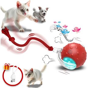Interactive Cat Toys for Indoor Cats, 360° Smart Automatic Rolling Pet Ball, Rollie Pet Cat Toy, Electric Rolling Ball Dog Toy, Moving Cat Ball with Mesh Tail, Interactive Dog Toys for Small Dogs-Red