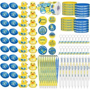 1140 Pcs Down Syndrome Awareness Yellow Blue Down Syndrome Ribbon Accessories Set Include Keychains Stickers Buttons Stress Balls Pens Silicone Bracelets Rubber Ducks Lanyards
