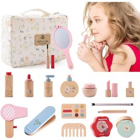 Wooden Makeup Toy Set for Toddler 18 Pcs Pretend Playset Wood Beauty Salon Toys for Toddlers Wooden Skincare Toys Gift for Girls 3 4 5 6 Fun Role Playing Game