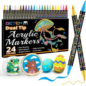 24 Colors Acrylic Paint Markers, Dual Tip Acrylic Paint Pens with Brush Tip and Fine Point, Art Supplies for Rock, Wood, Canvas, Stone, Glass, Ceramic, Rock Painting Kit DIY Crafts Making Drawing Kit