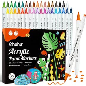 Ohuhu Acrylic Paint Markers Cotton-core: 36 Colors Dual Tips (Fine & Dot) Paint Pens High Opacity Acrylic Markers Waterproof Lightfast for Rock Painting Easter Eggs Wood Glass Ceramic Canvas