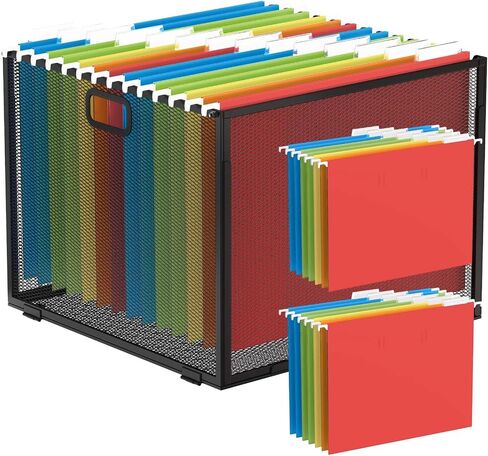 hueilm Hanging File Organizer, Mesh File Folder Box, Includes 14 Hanging Folders with Tabs, Letter-size Storage File Crate Filing Cabinet Organizer, 1 Pack, Large-Black in Saudi Arabia