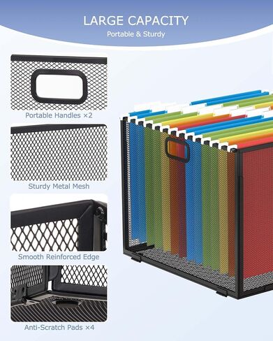 hueilm Hanging File Organizer, Mesh File Folder Box, Includes 14 Hanging Folders with Tabs, Letter-size Storage File Crate Filing Cabinet Organizer, 1 Pack, Large-Black in Saudi Arabia