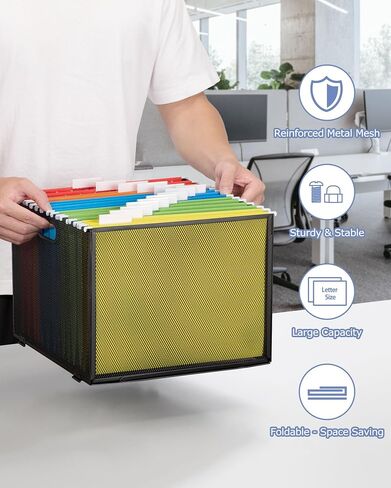 hueilm Hanging File Organizer, Mesh File Folder Box, Includes 14 Hanging Folders with Tabs, Letter-size Storage File Crate Filing Cabinet Organizer, 1 Pack, Large-Black in Saudi Arabia