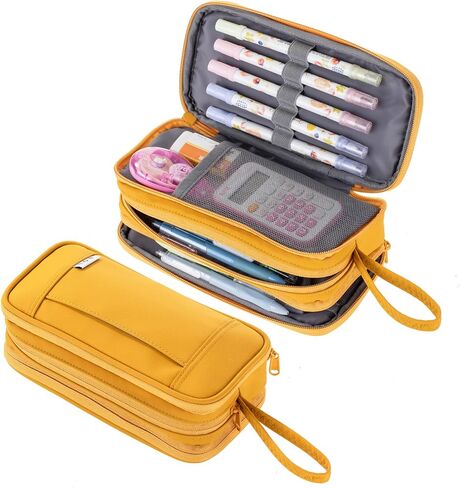 NOL Large Capacity Pencil Case Zipper Pencil Purse 3 Compartment Pencil Pouch Office Stationery Organizer Multi-functional Pencil Bag for School Girl Boy Adults - Earth-yellow in Kuwait