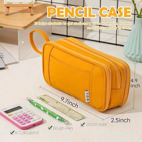 NOL Large Capacity Pencil Case Zipper Pencil Purse 3 Compartment Pencil Pouch Office Stationery Organizer Multi-functional Pencil Bag for School Girl Boy Adults - Earth-yellow in Kuwait