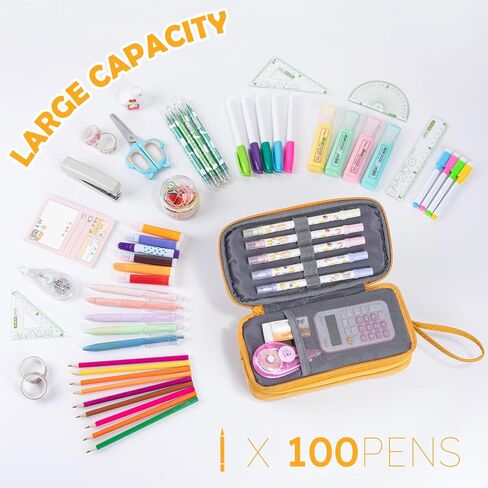 NOL Large Capacity Pencil Case Zipper Pencil Purse 3 Compartment Pencil Pouch Office Stationery Organizer Multi-functional Pencil Bag for School Girl Boy Adults - Earth-yellow in Kuwait