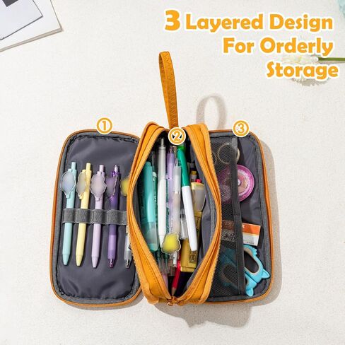 NOL Large Capacity Pencil Case Zipper Pencil Purse 3 Compartment Pencil Pouch Office Stationery Organizer Multi-functional Pencil Bag for School Girl Boy Adults - Earth-yellow in Kuwait