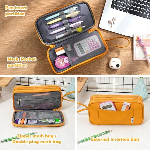 NOL Large Capacity Pencil Case Zipper Pencil Purse 3 Compartment Pencil Pouch Office Stationery Organizer Multi-functional Pencil Bag for School Girl Boy Adults - Earth-yellow in Kuwait