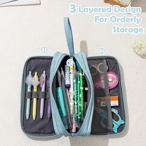 NOL Large Capacity Pencil Case Zipper Pencil Purse 3 Compartment Pencil Pouch Office Stationery Organizer Multi-functional Pencil Bag for School Girl Boy Adults - Earth-yellow in Kuwait
