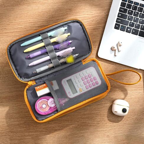 NOL Large Capacity Pencil Case Zipper Pencil Purse 3 Compartment Pencil Pouch Office Stationery Organizer Multi-functional Pencil Bag for School Girl Boy Adults - Earth-yellow in Kuwait