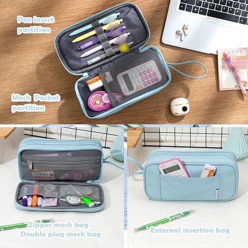 NOL Large Capacity Pencil Case Zipper Pencil Purse 3 Compartment Pencil Pouch Office Stationery Organizer Multi-functional Pencil Bag for School Girl Boy Adults - Earth-yellow in Kuwait