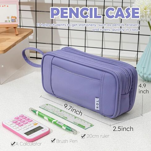NOL Large Capacity Pencil Case Zipper Pencil Purse 3 Compartment Pencil Pouch Office Stationery Organizer Multi-functional Pencil Bag for School Girl Boy Adults - Earth-yellow in Kuwait
