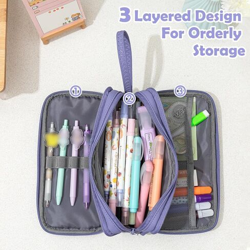 NOL Large Capacity Pencil Case Zipper Pencil Purse 3 Compartment Pencil Pouch Office Stationery Organizer Multi-functional Pencil Bag for School Girl Boy Adults - Earth-yellow in Kuwait