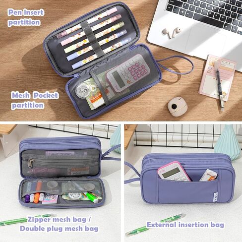 NOL Large Capacity Pencil Case Zipper Pencil Purse 3 Compartment Pencil Pouch Office Stationery Organizer Multi-functional Pencil Bag for School Girl Boy Adults - Earth-yellow in Kuwait