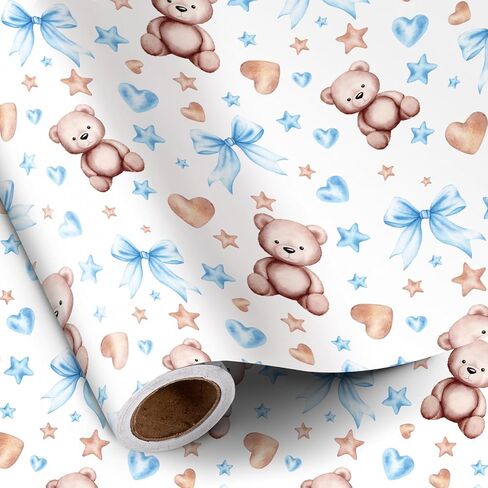 Ruspepa Bear Bow Wrapp Paper Roll for Baby Boy و Mini Roll و Blue Bear with Heart و Boy and Star Gift Wrap for Baby Shower و Hirdivar in Kuwait